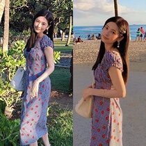 TUXEE star Zheng Sumin same Korean version of one-word collar check print waist long skirt holiday dress 1