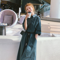 Green dress womens summer 2021 new belly cover thin waist temperament French bellflower retro niche shirt skirt