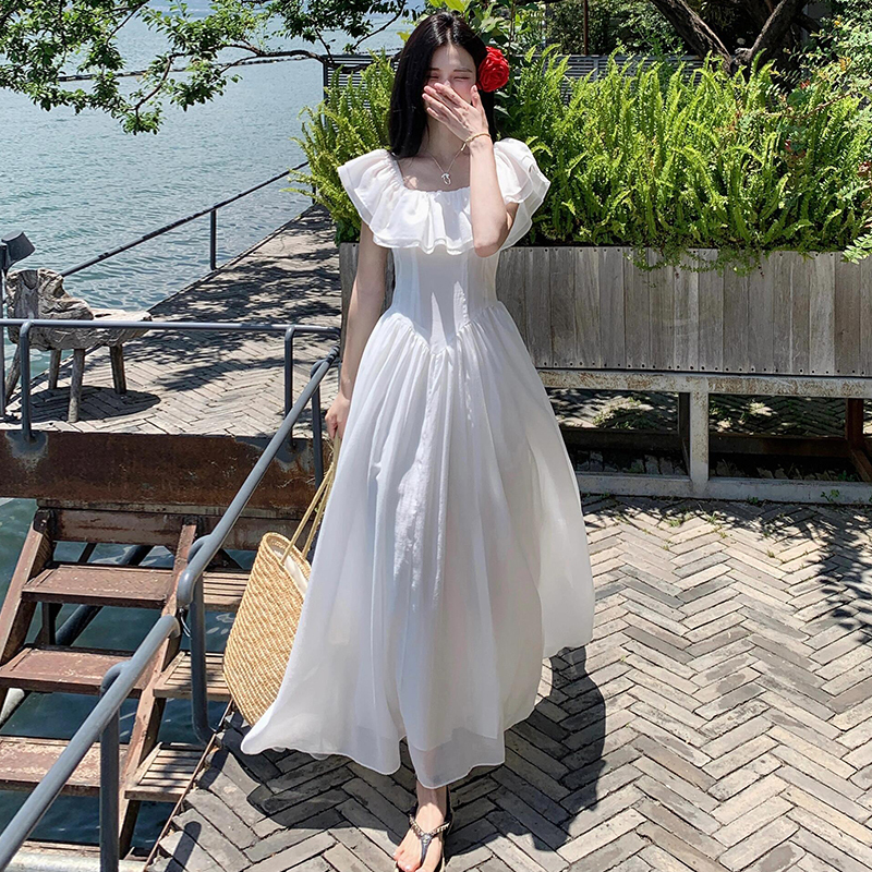 White Dress for Women, Summer 2026 New Style, Long, Waist-Cinching, Square Neckline, Ruffled, Off-Shoulder, Flutter Sleeves, A-Line Dress