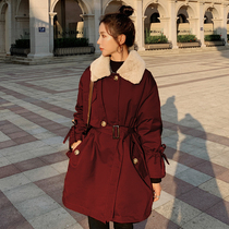 Red Parker suit 2021 new female winter Korean version of loose coat plus velvet thickened small man soft glutinous cotton suit