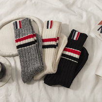 TB Socks Female Midbarrel Socks Autumn winter ins Chains Three bars Thickened Pure Cotton Warm Net Red Plush Stockings Socks