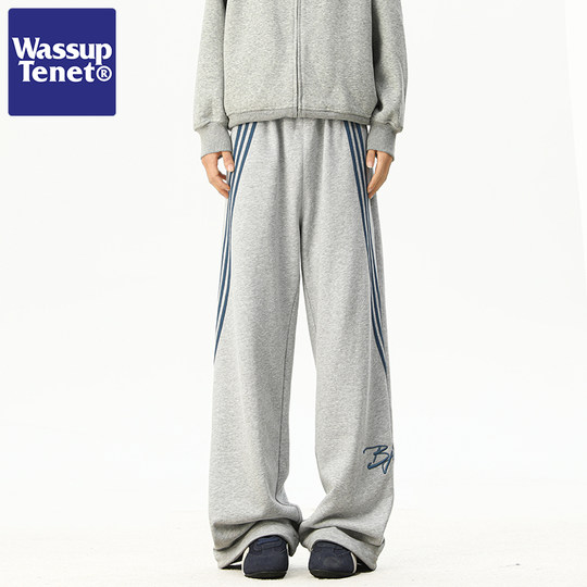 Wassup Tenet Retro Striped Patchwork Embroidered Sports Sweatpants Unisex Trendy Loose Couple Casual Long Pants