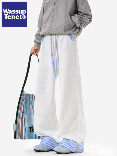 Wassup Tenet American-Style Plaid Color-Blocked Curved Hem Sweatpants for Men, Spring Casual Drapey Long Pants with a Relaxed Fit