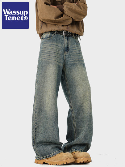 Wassup Tenet American-Style Washed Whiskered Jeans for Men, Autumn Trendy High Street Straight Loose Casual Long Pants