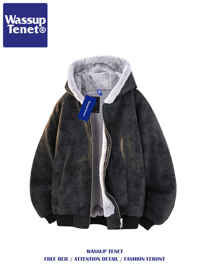 Wassup Tenet American-Style Faux Rabbit Fur Cotton Jacket for Men, Winter Trendy Brand, Fleece-Lined, Thickened, Warm, Hooded Cotton Coat