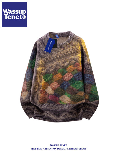 Wassup Tenet American-Style Colorful Jacquard Crew Neck Sweater for Men, Autumn and Winter Design, Warm Knitwear Jacket