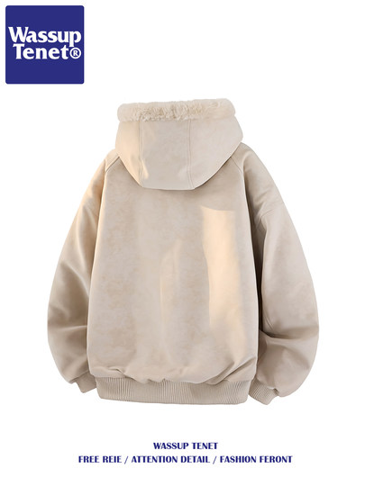 Wassup Tenet American-Style Faux Rabbit Fur Cotton Jacket for Men, Winter Trendy Brand, Fleece-Lined, Thickened, Warm, Hooded Cotton Coat