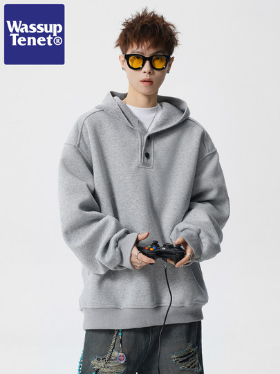 Wassup Tenet American-Style Heavyweight Button-Up Hooded Sweatshirt for Men, Spring and Autumn Trendy Brand Couple's Loose Casual Jacket