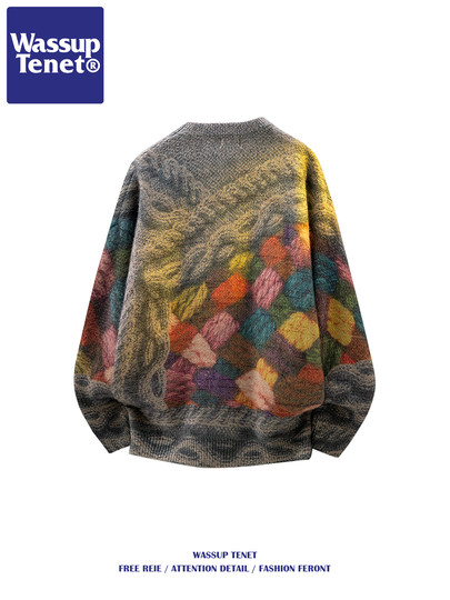 Wassup Tenet American-Style Colorful Jacquard Crew Neck Sweater for Men, Autumn and Winter Design, Warm Knitwear Jacket