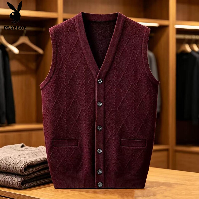 Playboy Autumn and Winter Men's Wool Vest Cardigan Large Size Vest for Middle-Aged and Elderly Men, Sweater Knit Vest for Dad and Grandpa