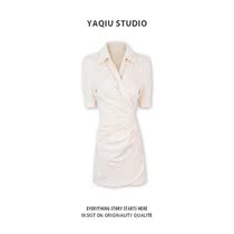 2021 summer new French shirt polo collar solid color pleated waist small man wear dress