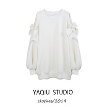 Bow strapless sweatshirt female 2021 new spring and autumn thin round neck loose Korean coat