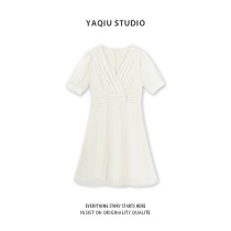 French sweet dress female 2021 New Summer V collar solid color waist long skirt temperament thin first love skirt