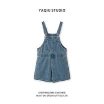 Loose denim strap shorts womens summer high waist Korean version of Thin Thin age conjoined wide leg shorts