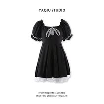 Hepburn style small black dress Women summer 2021 new dress French collar Lolita solid color A- line dress