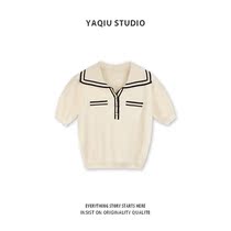 French vintage polo collar knitwear Women summer 2021 new solid color thin vneck wear-down blouse