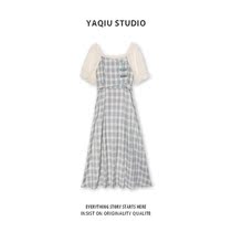 Square collar dress 2021 new female summer sweet literary short sleeve temperament bubble sleeve long plaid skirt