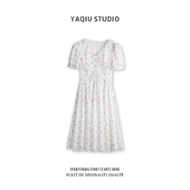 White floral first love dress female summer temperament thin design sense floral lace side vneck Platycodon grandiflorum long skirt