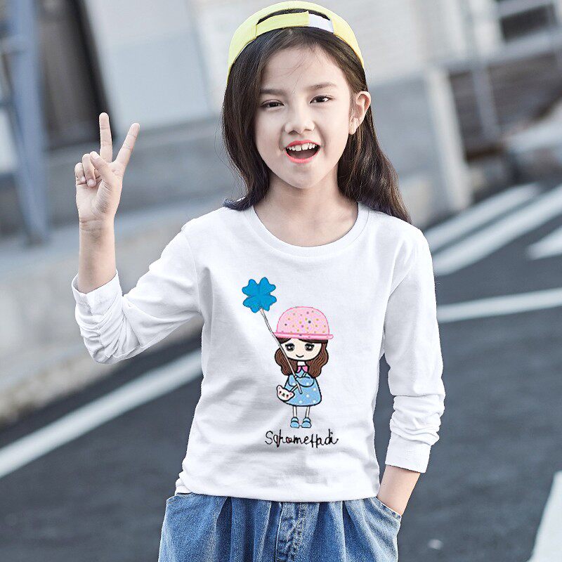 Girls Long Sleeve T - shirt 2023 Spring and Autumn New Children's White Pure Cotton Cotton Coat in Ocean Gas