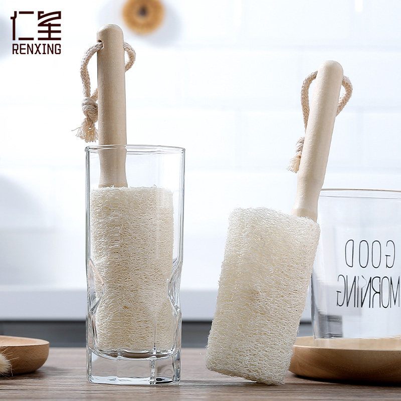 Wooden handle loofah cup brush household long handle tea cup ceramic cup glass cup cleaning brush kitchen pot brush artifact