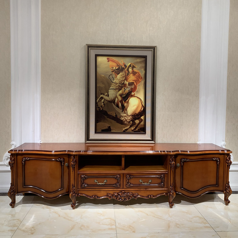 European-style solid wood TV cabinet luxury villa dark piano paint American carved living room floor cabinet whole house furniture