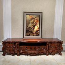  European-style pure solid wood TV cabinet Solid wood carved luxury living room floor cabinet dark piano paint 2021 new furniture