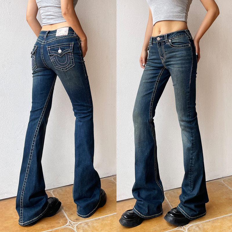 Original Vintage Y2K Style Mid-Low Waist Jeans for Women, Dark Blue Flared Pants, Slim Fit, Floor-Length Extended Pants