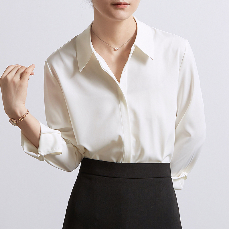 Chicbliss White Satin Shirt for Women, Long-Sleeved, New Autumn Style, Commuter Style, Concealed Placket, Drapey Interview Shirt for Women Chicbliss White Satin Shirt for Women, Long-Sleeved, New Autumn Style, Commuter Style, Concealed Placket, Drapey Interview Shirt for Women