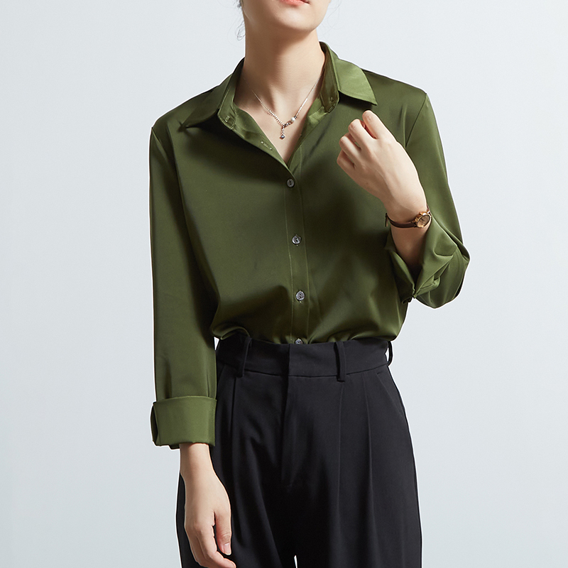 Chicbliss Satin Shirt for Women, New Autumn Style, Professional Ol Drapey Commuter Olive Green Long-Sleeve Shirt for Women