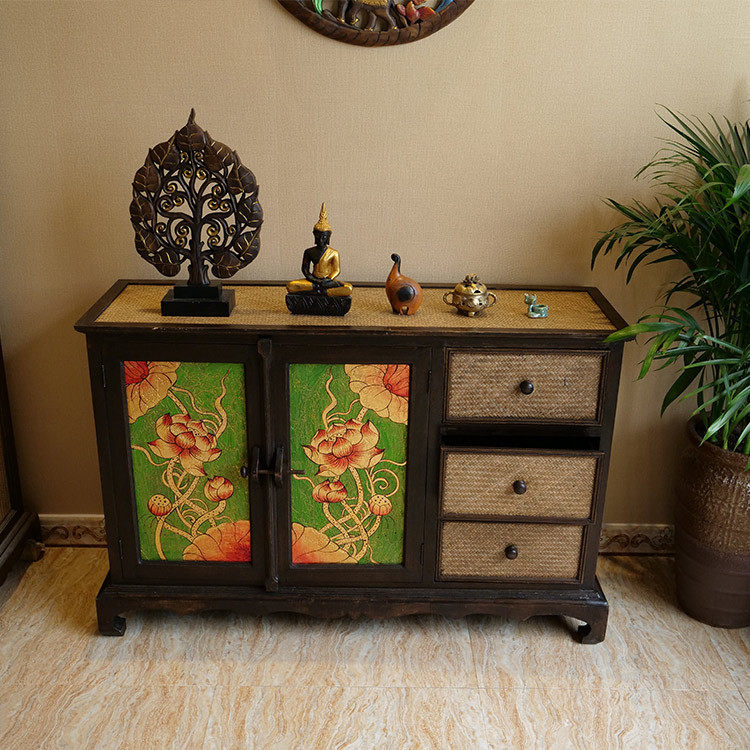 Thailand Home Furnishing Southeast Asia Imported Furniture Retro Sideboard Painted Engraving Sideboard Locker Entrance Cabinet