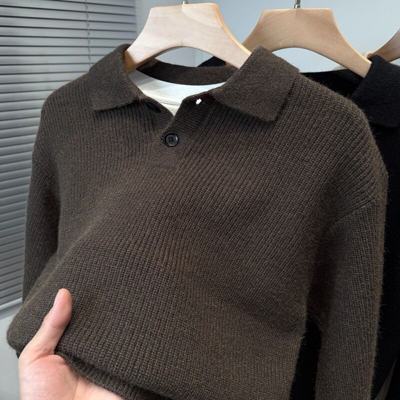Casual Style Polo Collar Knit Sweater for Men, New Spring and Autumn Fashion, Solid Color, Casual and Versatile Pullover Top