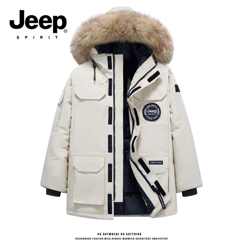 American Jeep Mid-Length down Jacket, Unisex, 2026 Winter New Style, Hooded Parka with Large Fur Collar