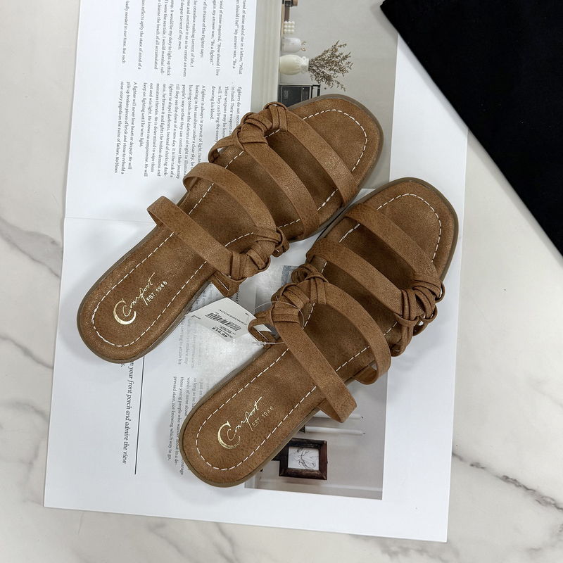 Meilade Old Money Style Versatile Comfortable Brown Flat Slippers Export Large Size Outdoor Sandals for Women Summer Size 42 41