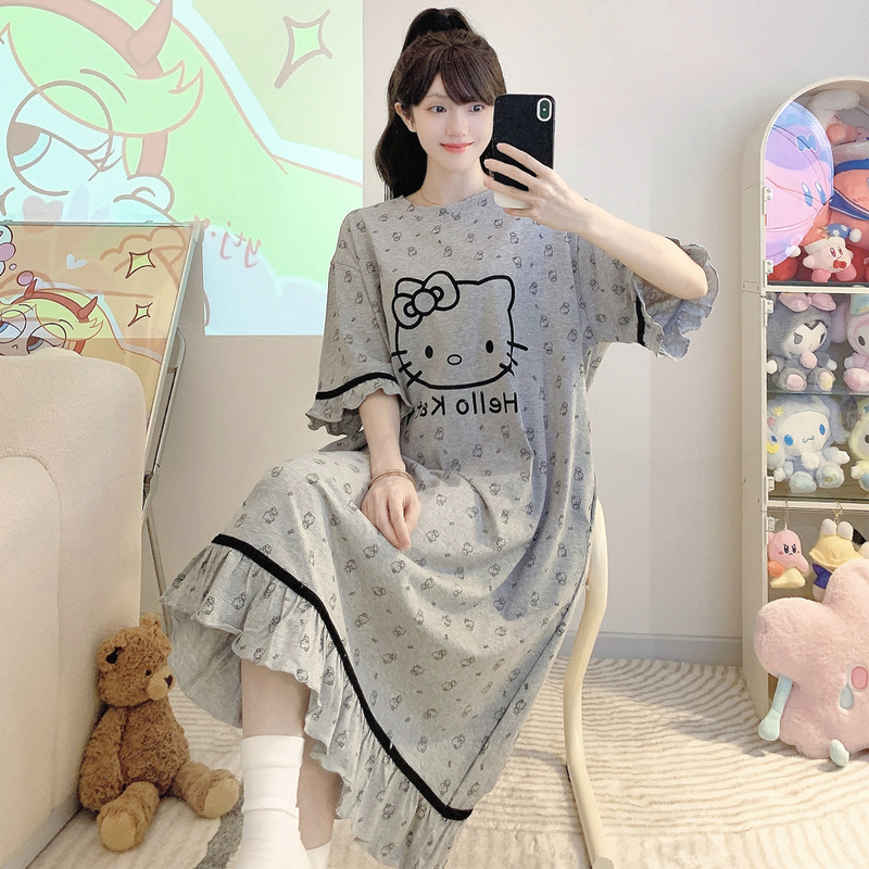 Hellokitty Pure Cotton Short-Sleeved Pajamas for Women, Summer Thin Style, Large Size 100kg Plus Size Girls, Pregnant Women, Long Nightgown