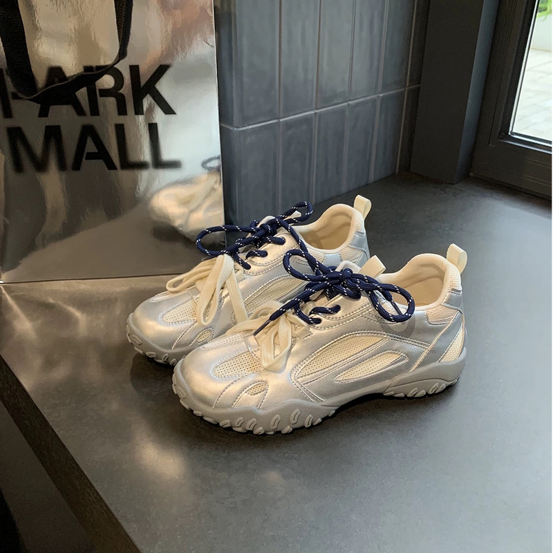 Height Increase Within 7cm ~ Classic Sneakers, Round-Toe Dad Shoes, Women's Fashionable Forrest Gump Shoes, Spring and Autumn Silver German Training Shoes for Women
