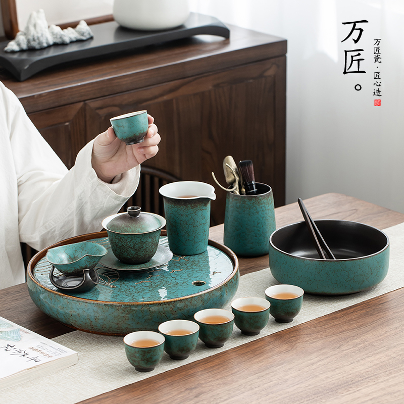 Tea Set 2024 New Model for Home Use, Kiln-Fired Vintage Side-Handle Teapot, Gaiwan, Kung Fu Tea Set, Dry Brewing Small Tea Tray Complete Set