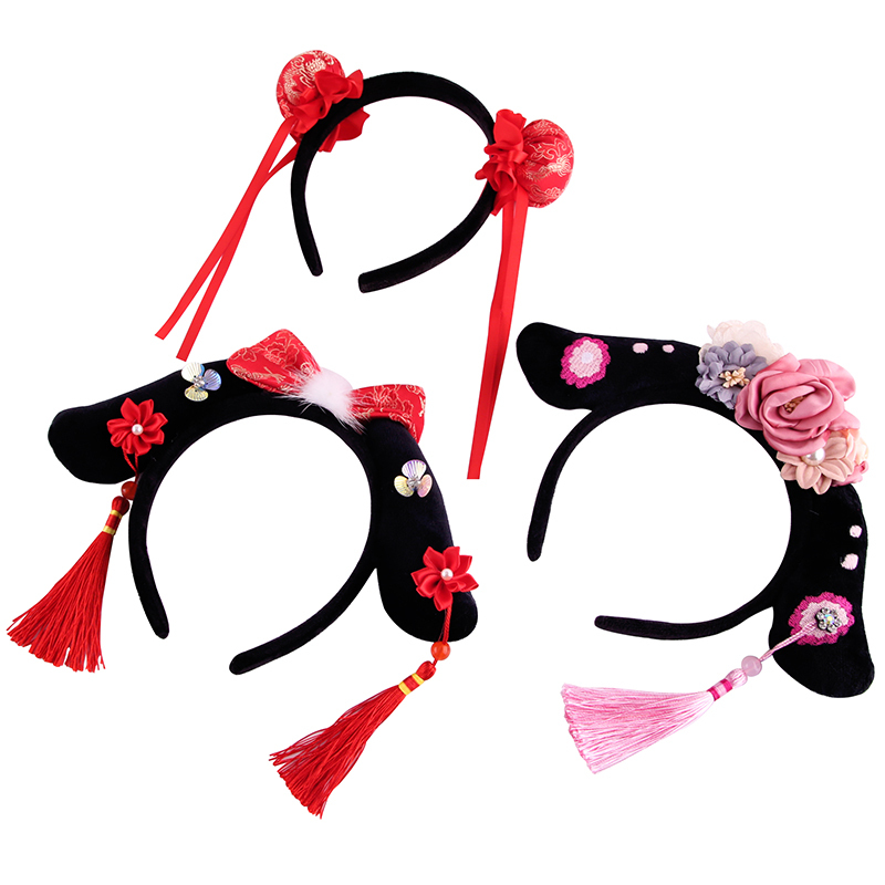Retro Qing Dynasty gege banner hair hoop Girl Flower tassel hairpin New