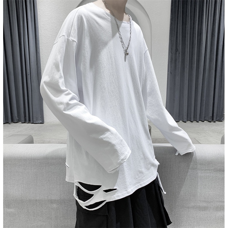 White fried street Japanese vintage sweater men's design sense niche tops ripped long-sleeved T-shirts bottoming shirts couples wear