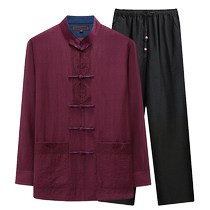 Old man Tang suit mens spring and summer thin long-sleeved linen shirt middle-aged and elderly dad cotton and linen suit Chinese style grandpa suit