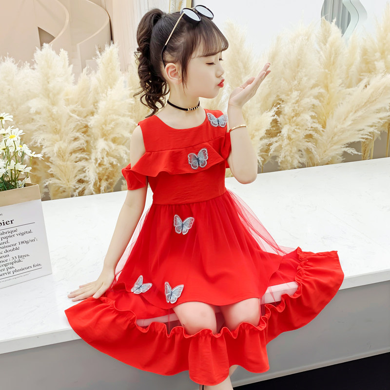 Girl Ocean Dress Summer Dress 2021 New Children Foreign Pie Korean Version Online Red Dress Little Girl Summer Princess Red