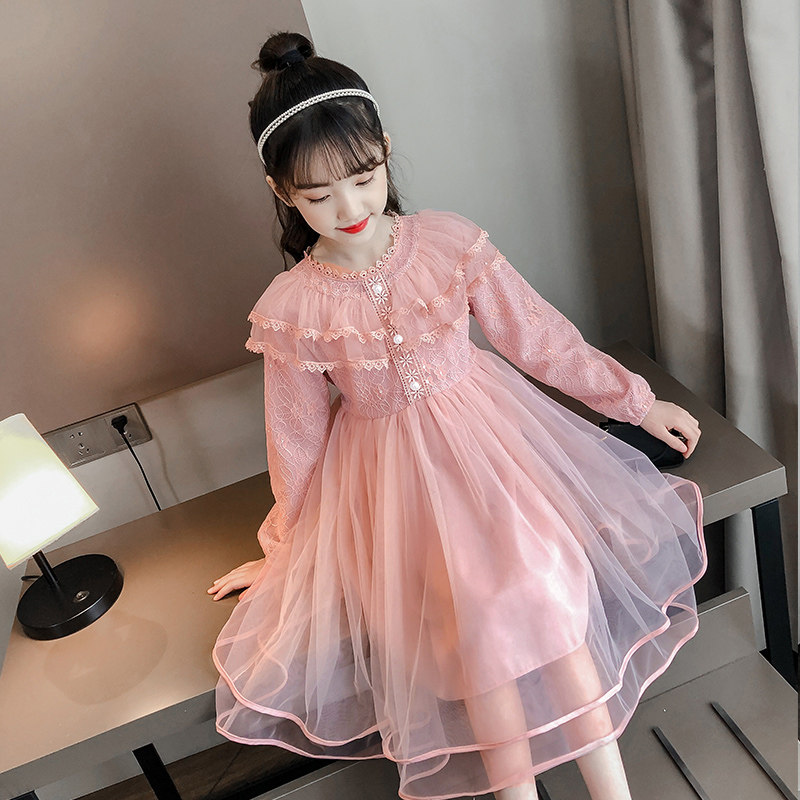 Girl Long Sleeve Foreign Dress Spring Autumn Clothing 2022 Foreign Palate Children Princess Dress Girl Lace Fluffy Yarn Pink