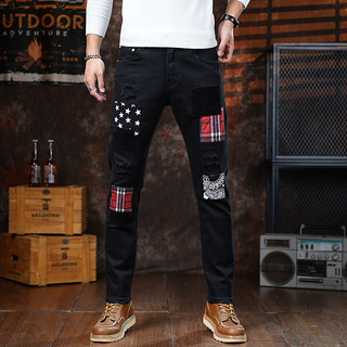 美式高端潮牌黑色牛仔裤男士修身小脚裤破洞补丁贴布撞色高街痞帅