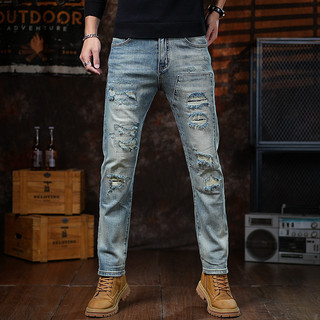 高端乞丐浅色破洞牛仔裤男秋冬款潮牌痞帅水洗复古高街修身小脚裤
