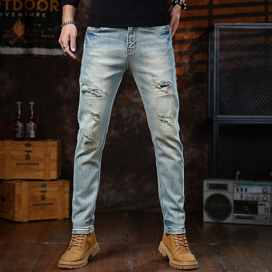 Hong Kong high-end retro men's jeans, men's trendy brand, ripped, handsome, American style, new slim fit, high quality