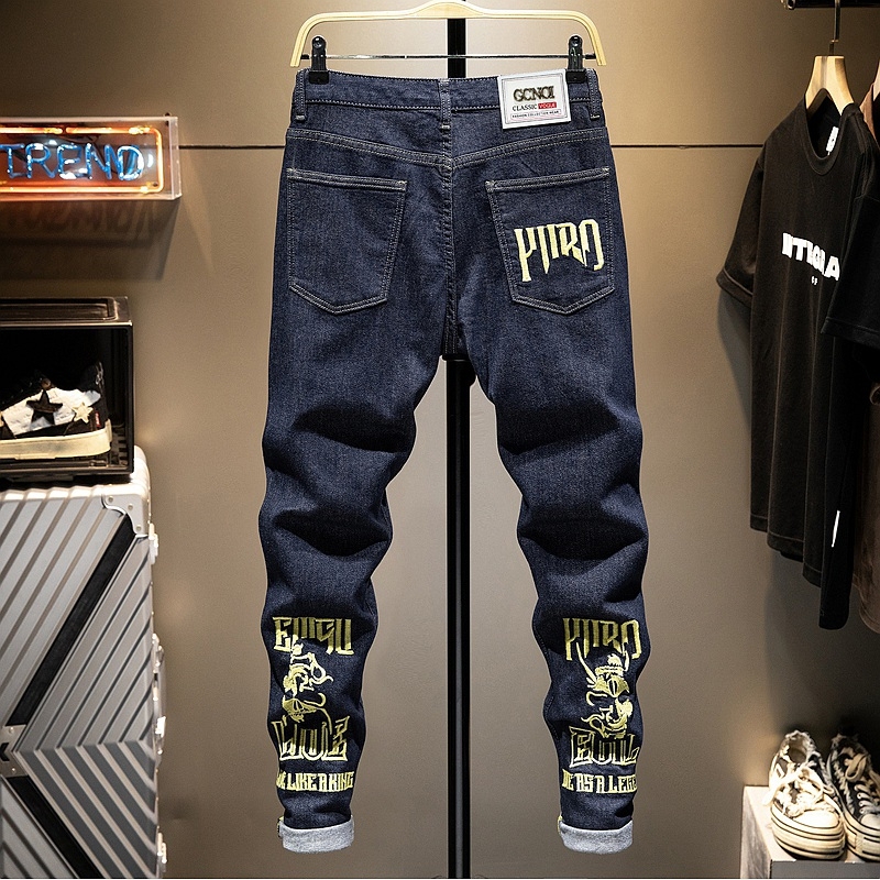 Edison Chen's Cool Pants Men's Jeans Hong Kong Trendy Brand Slim Fit Skinny Printed Embroidered Stretch Korean Style Japanese Style
