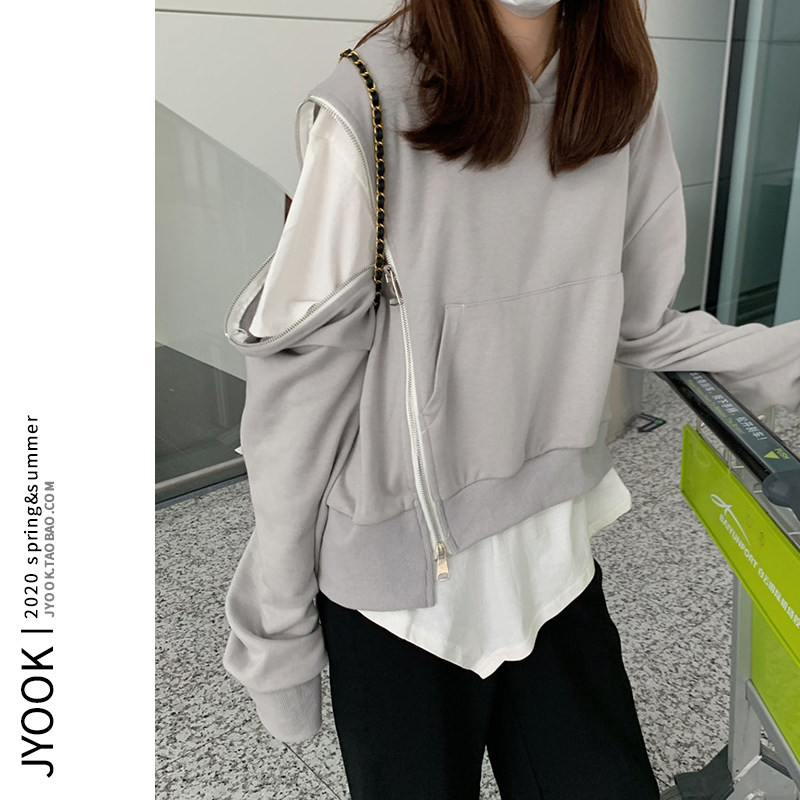 are U shop gray hooded sweatshirt women's loose Korean style spring and autumn thin section lazy jacket off-the-shoulder zipper top
