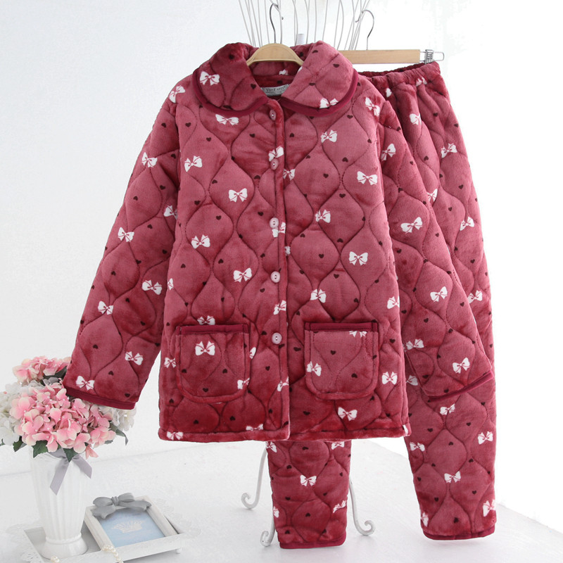 Middle Aged Sleeping Clothes Winter Style Lady Triple Clip Cotton Thickened Flannel with warm and velvety enlarged Mother's section-Taobao
