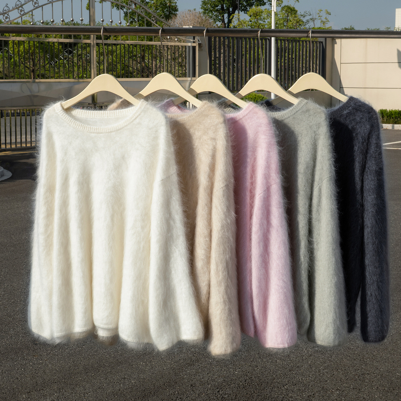 Zhang* Same Style Royal Brushed 100% Pure Cashmere Oversized Loose Lazy Round Neck Thickened Base Shirt