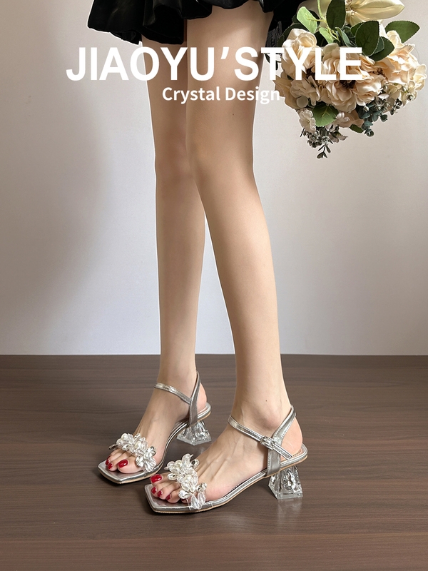 Genuine Leather~ Large Size 2024 Super Popular Sandals, Fashionable Rhinestone Strap, Silver Chunky Heel, Square Toe Crystal High Heels for Women Genuine Leather~ Large Size 2024 Super Popular Sandals, Fashionable Rhinestone Strap, Silver Chunky Heel, Square Toe Crystal High Heels for Women