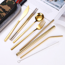 Fork spoon chopsticks Creative 304 stainless steel straw Chopsticks Fork spoon Western knife straw brush Zipper bag 9pcs set